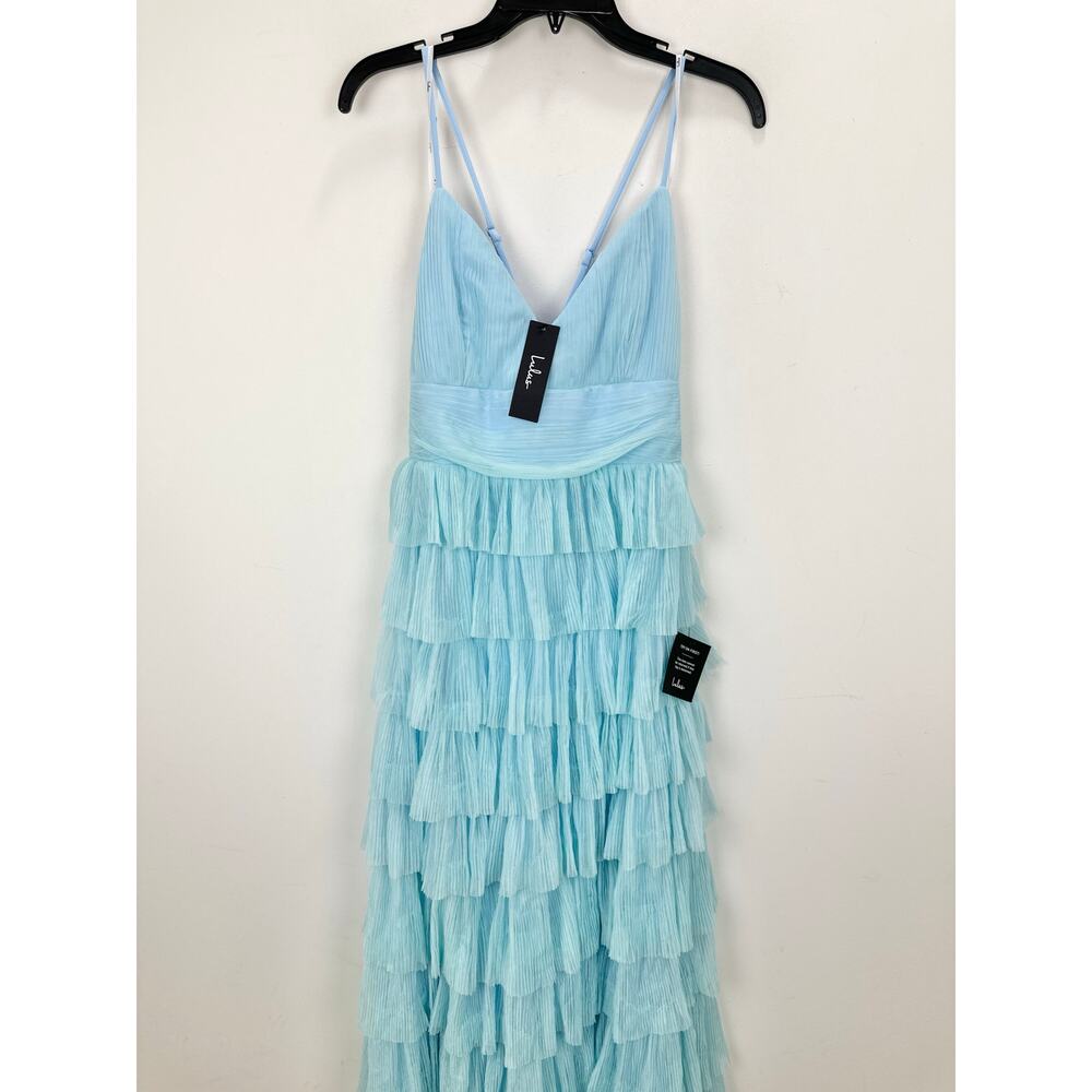 Lulus Radiant Event Light Blue Mesh Tiered Pleated Backless Maxi Dress Large NWT - Picture 6 of 11